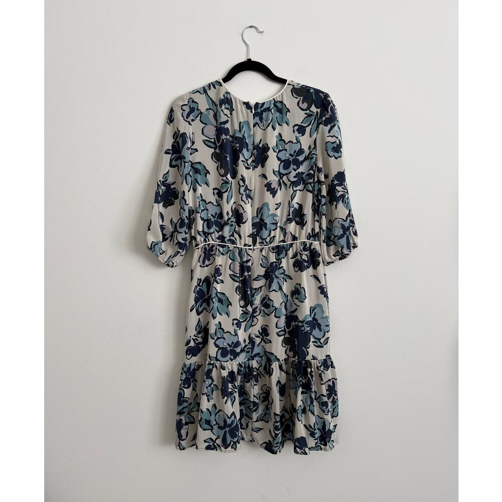 100% Silk Floral Dress Blue Cream Romantic Tiered Size L - Picture 2 of 8